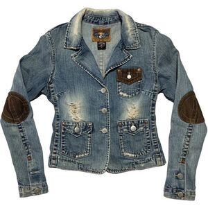 True Religion “World Tour” Y2K Distressed Denim Blazer Jacket S — Corduroy Elbow
